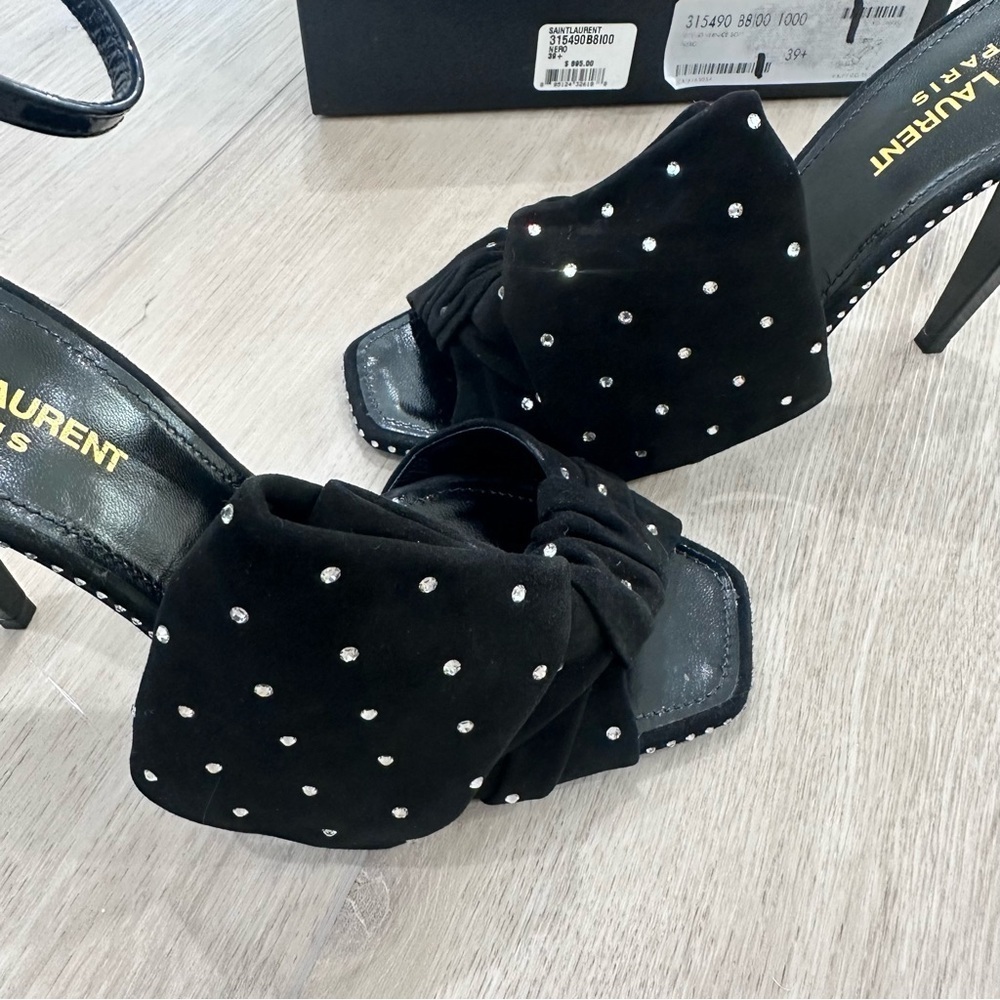 NWT Saint Laurent Freja suede bow crystal open toe heels black 9 EUR 39.5 - Picture 11 of 13